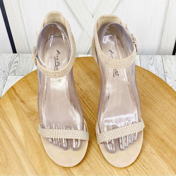 Anne Michelle Enzo Rhinestone Faux Suede Strappy Heels Tan Open Toe 7.5 - Picture 5 of 13